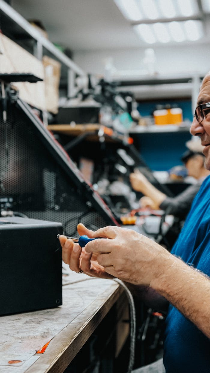 services-01 Adult man repairing electronics in a workshop setting, emphasizing craftsmanship and focus.