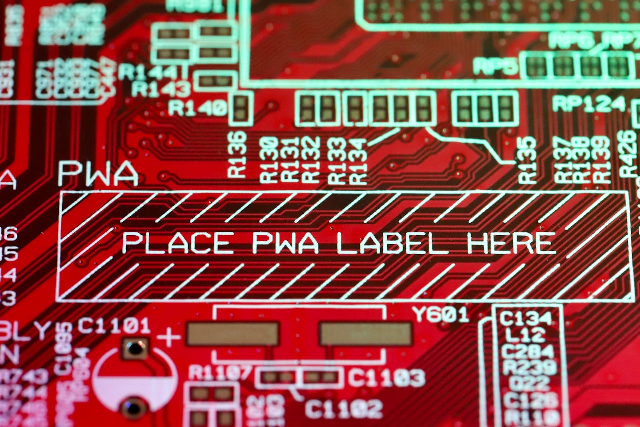 client-stories-img Detailed view of a red printed circuit board (PCB) highlighting a designated area for PWA labeling.
