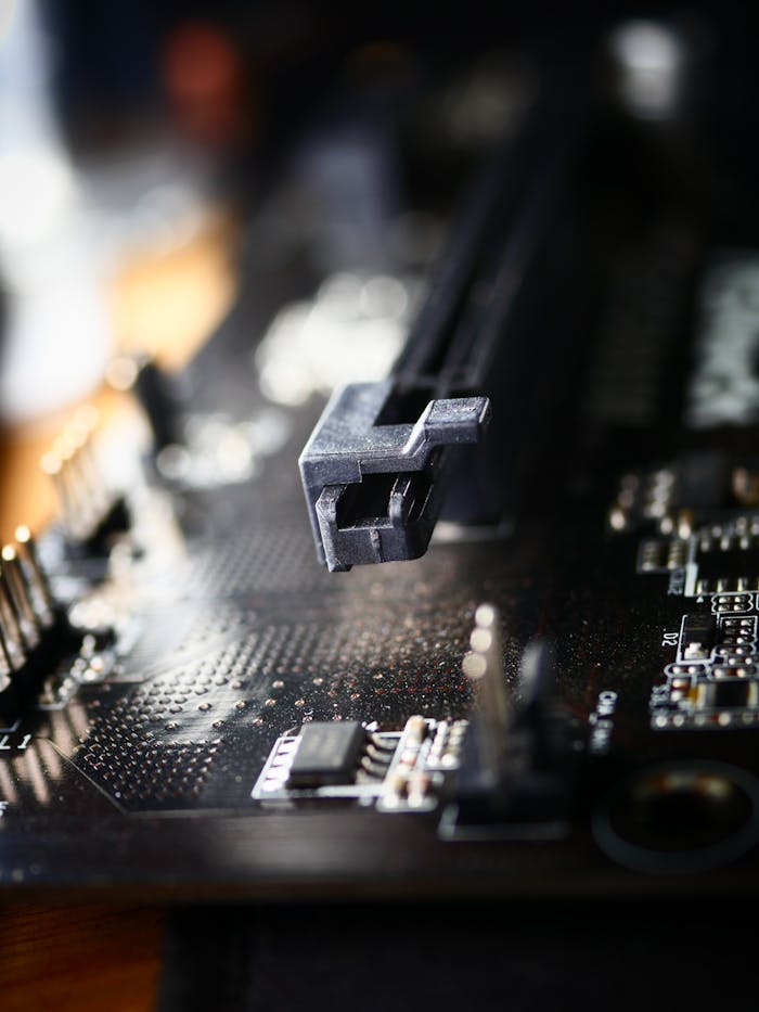 service-01 Detailed view of a circuit board showing electronic components and connectors.