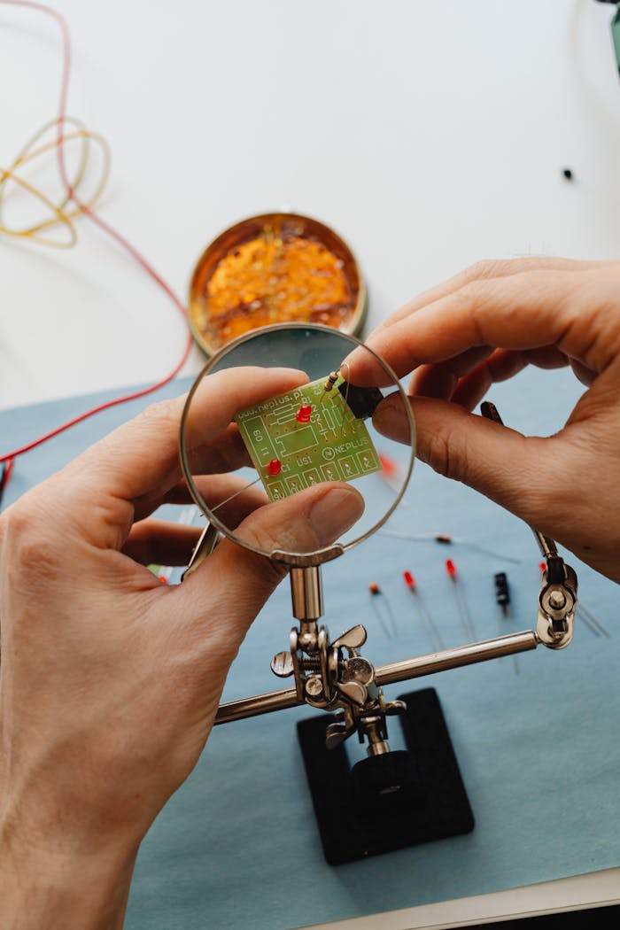 service-03 Close-up of technician examining a circuit board through a magnifying glass, focusing on repair work.