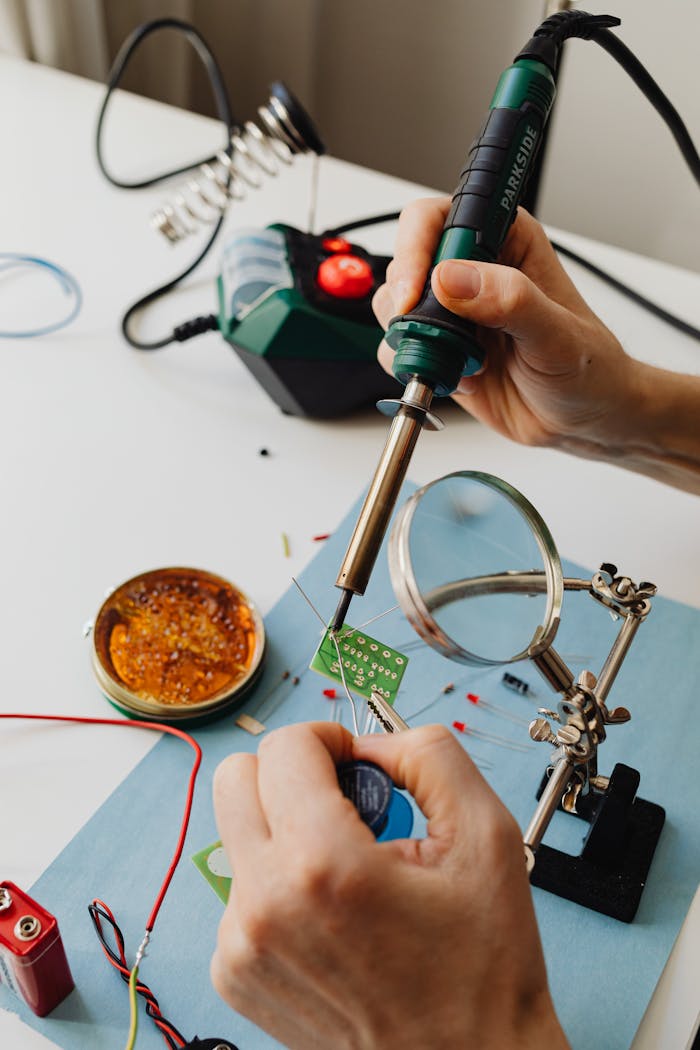 services-img Hands delicately soldering an electronic circuit board using tools, magnifying glass.